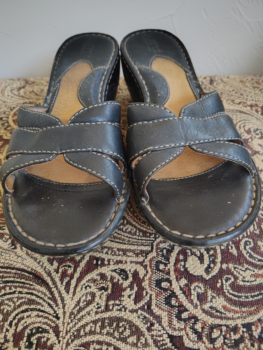 Børn Black Leather Stitching Slip On Wedge Slide Sandals Women's Size 7M